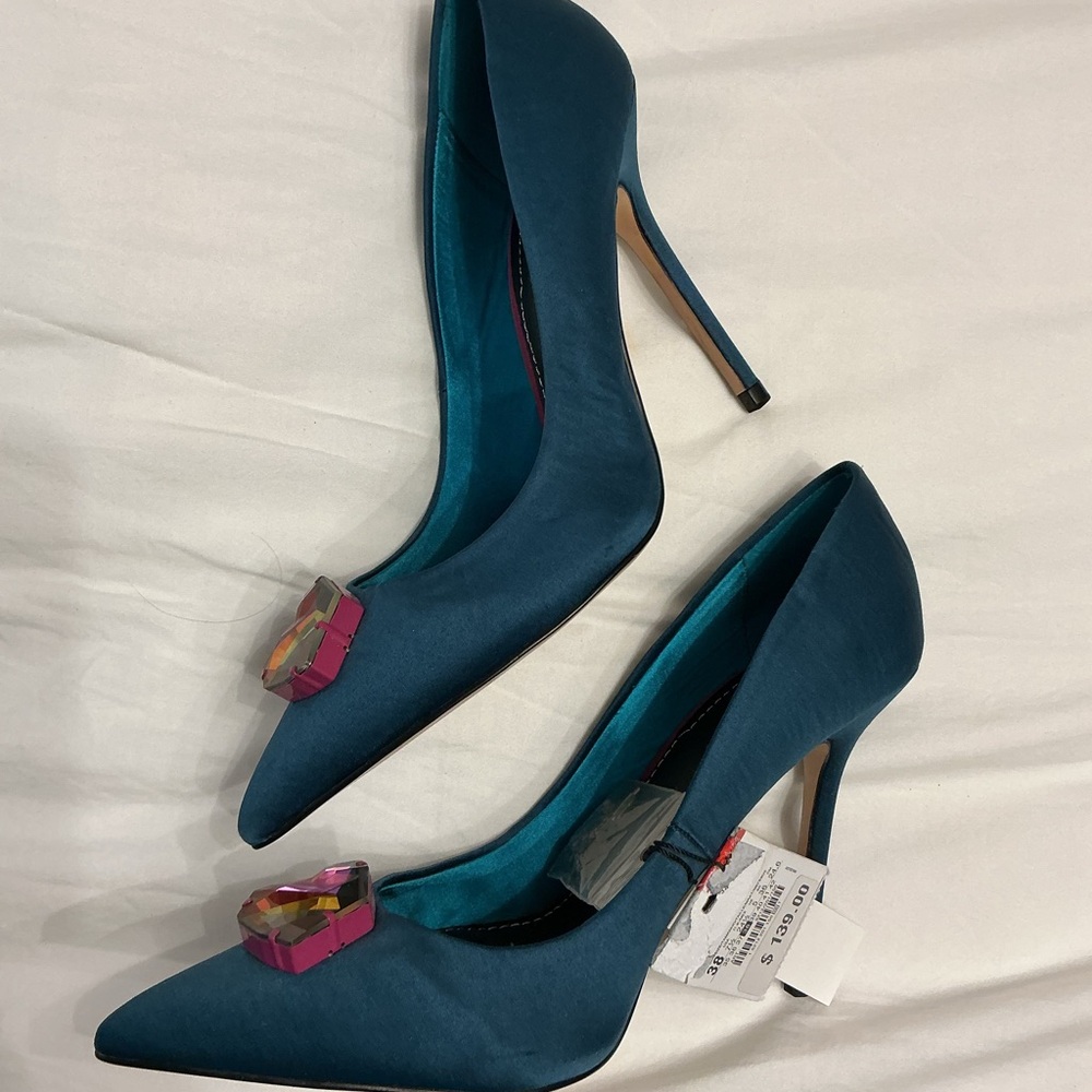 Zara NWT Emerald Teal Satin Stiletto Heels Size 38 7.5